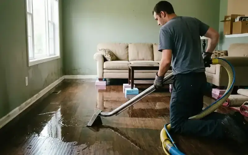 Professional technician performing hardwood floor water extraction