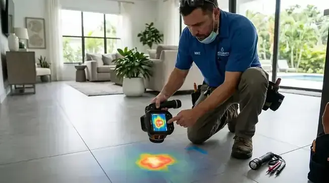 Infrared thermal imaging inspection revealing concealed moisture intrusion behind drywall